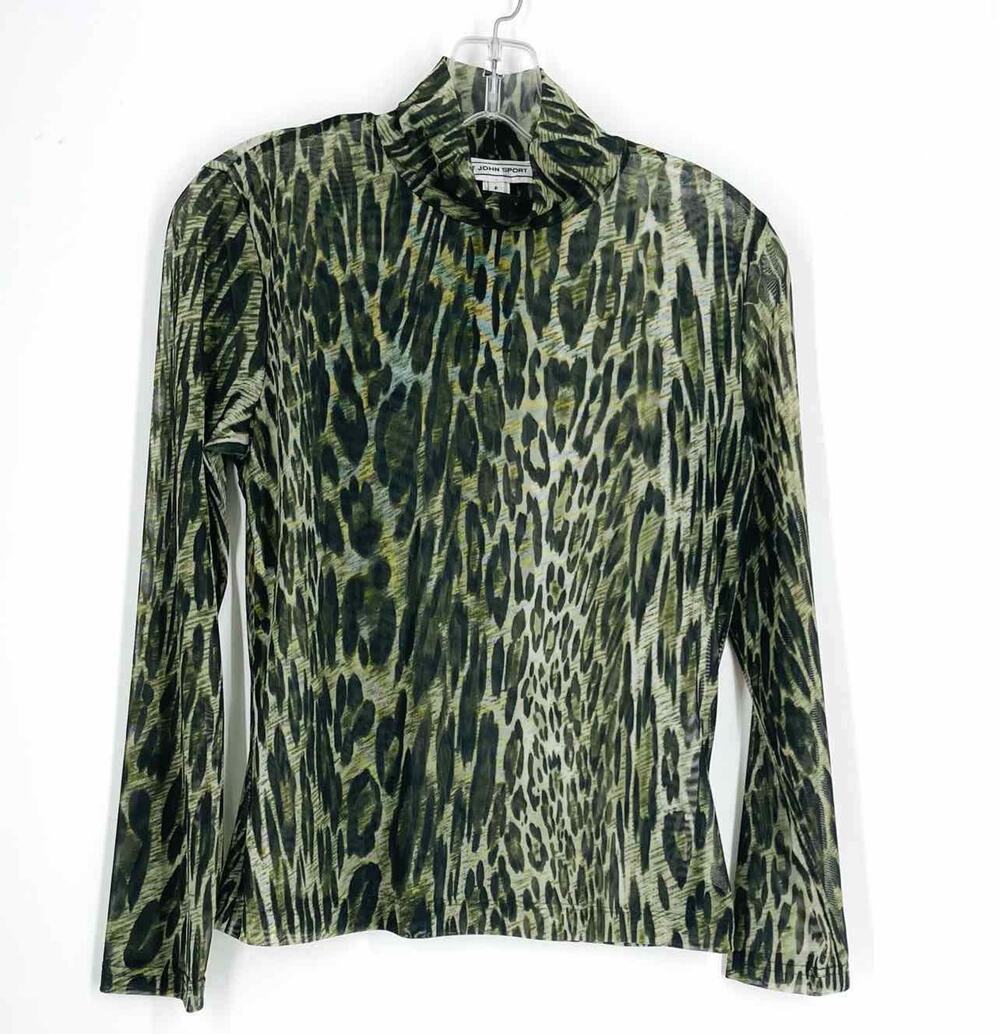 St. John Size S Pet Green/White Animal Print Mock Neck Designer Top-Long Sleeve